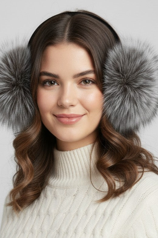 woman wearing silver fox fur earmuffs and white sweater