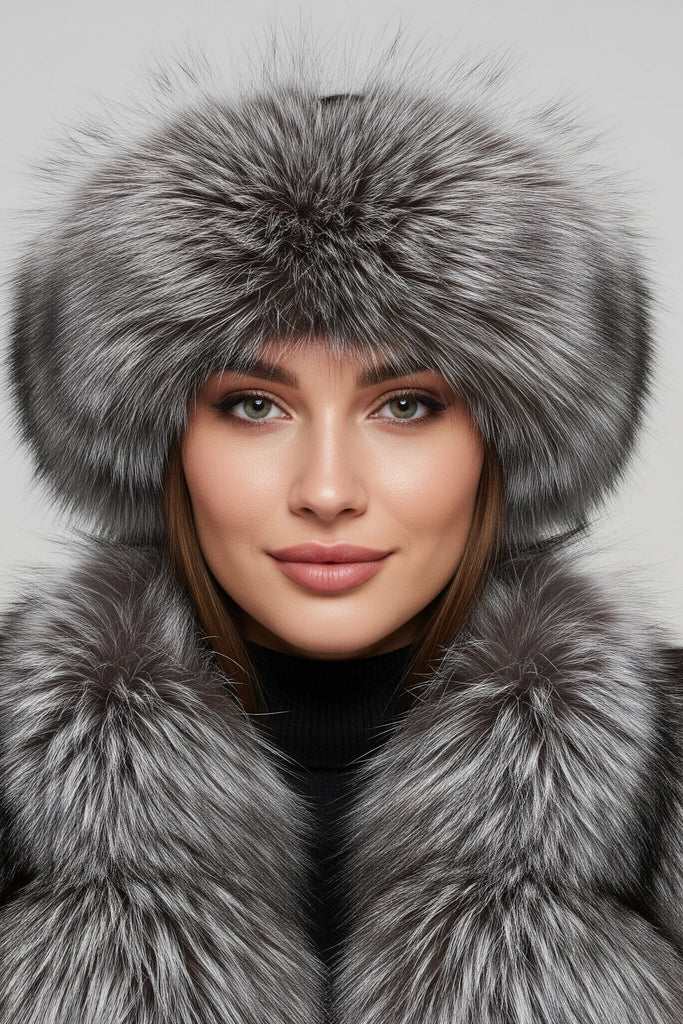 Woman wearing a natural silver fox fur headband and scarf