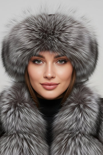 Woman wearing a natural silver fox fur headband and scarf