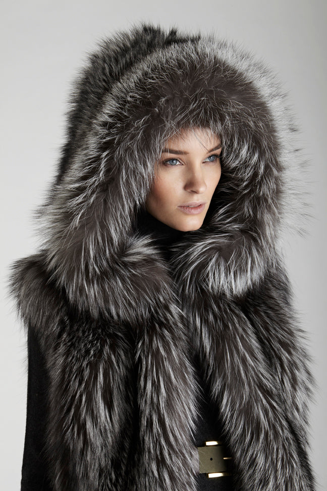 Womens Iris Silver fox Fur Vest shown with hood detail and close up
