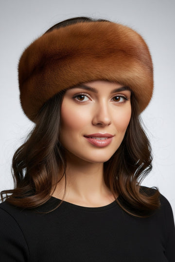 Woman wearing a whiskey real mink fur headband against a gray background
