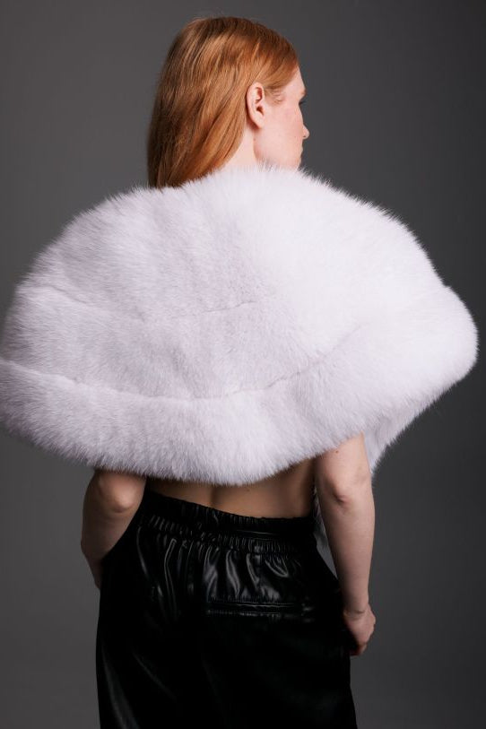white fox real fur fox shrug back detail view on woman with black leather pants
