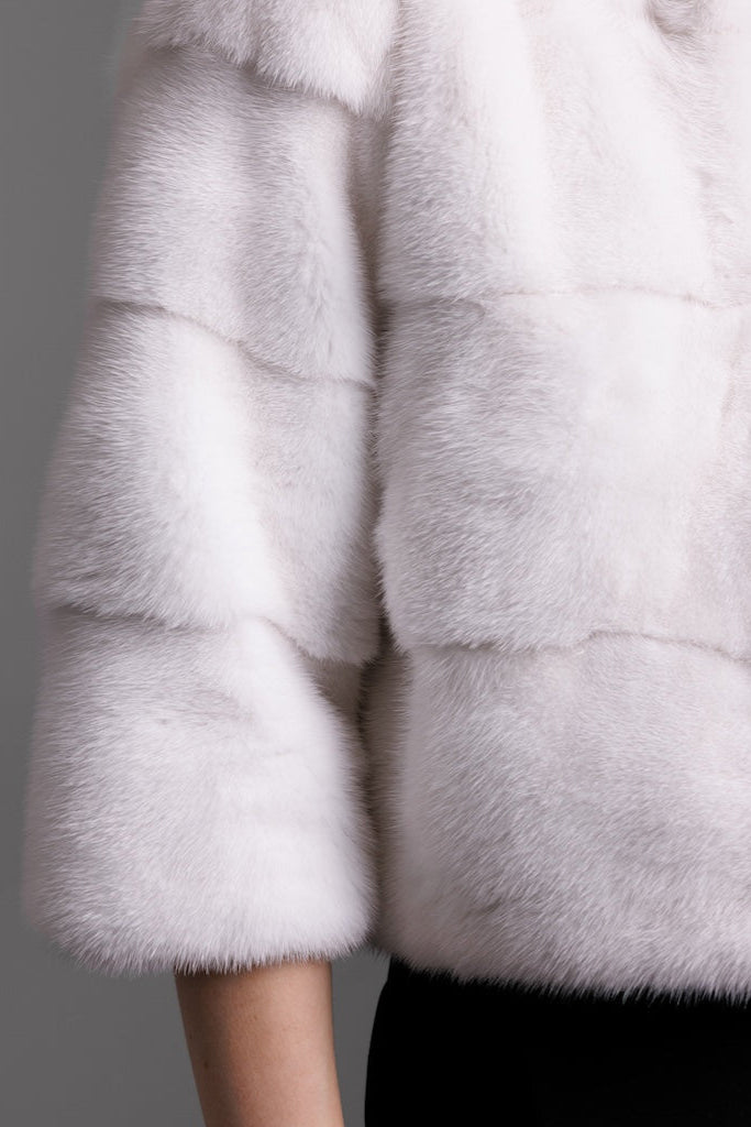 white mink jacket horizontal style fur with detail closeup view