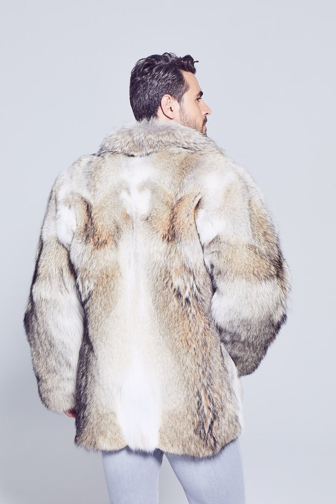 Mens Coyote Fur Winter Parka with zipper closure close up of back side fur detail