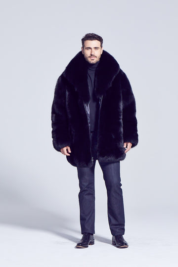Black Fox Fur Winter Jacket with zipper closure and shawl collar