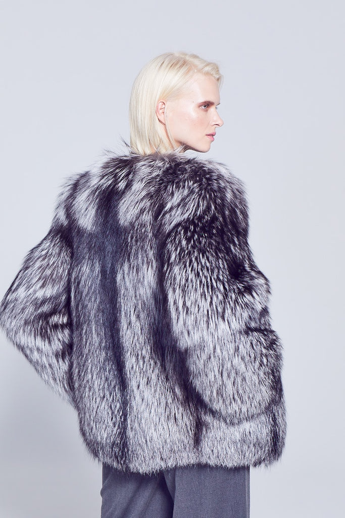 Demi Style Silver Fox Fur Jacket with no collar design backside close up