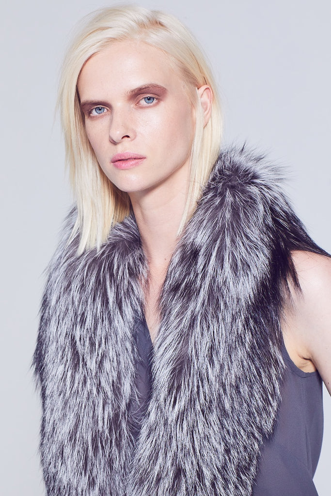 silver fox fur detachable shawl collar with silk lining