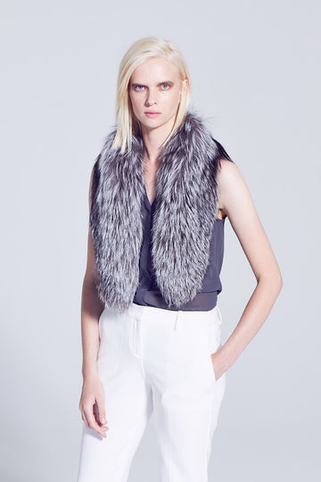 silver fox fur detachable shawl collar with silk lining