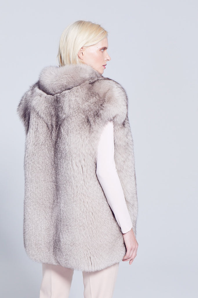 taupe dyed fur vest with slit pockets and hook and eye closure back side detail