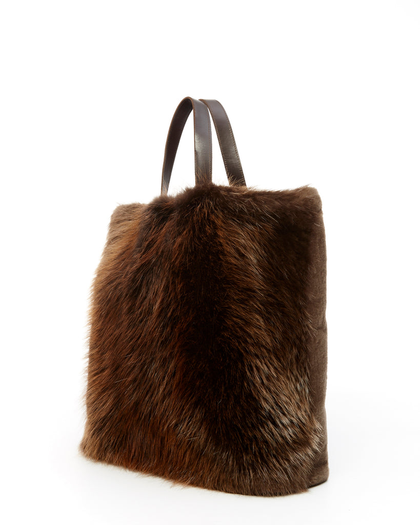 Long Hair Beaver and Sheared beaver fur carry all tote bag with leather handles side view