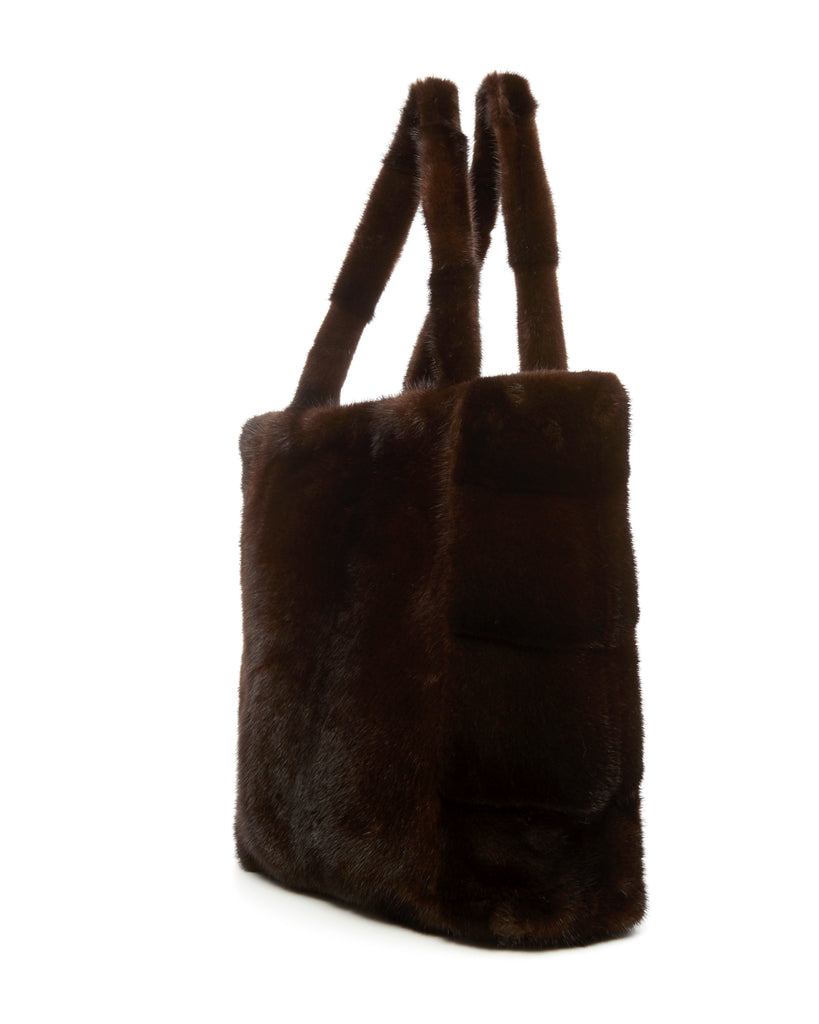 mink fur tote handbag with full mink fur handles 