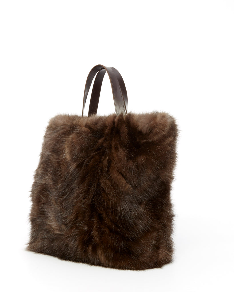 all around sable fur tote bag with pocket inside and leather handles