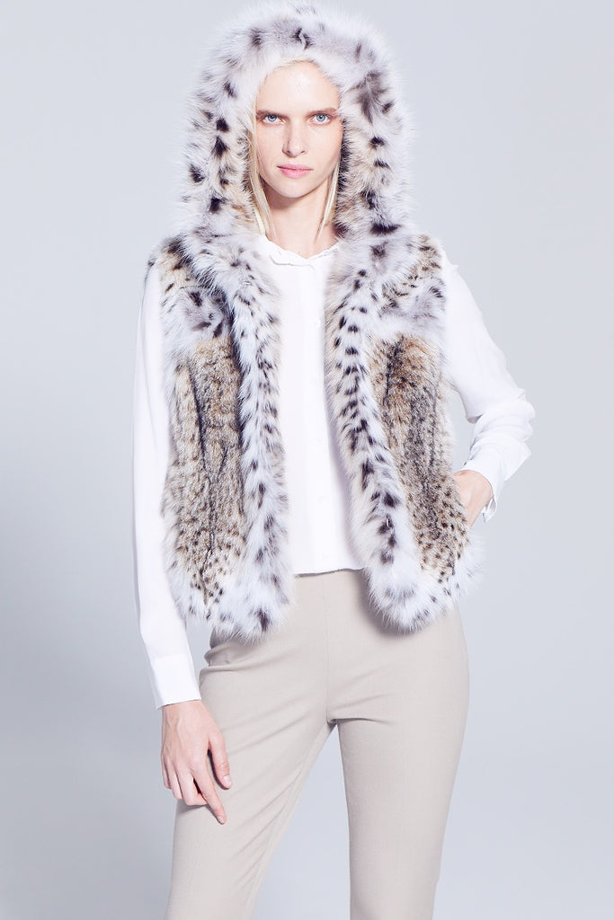 American Lynx fur hooded short style hip length vest with hood close up