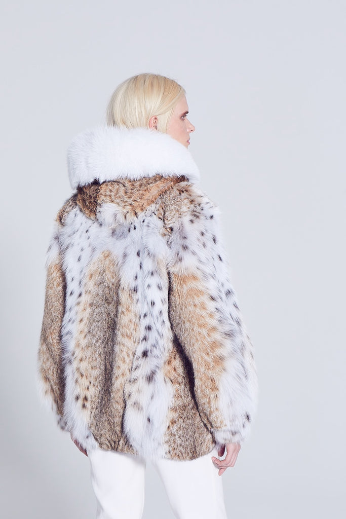 American lynx fur with two way zipper jacket and white fox fur hood trim 