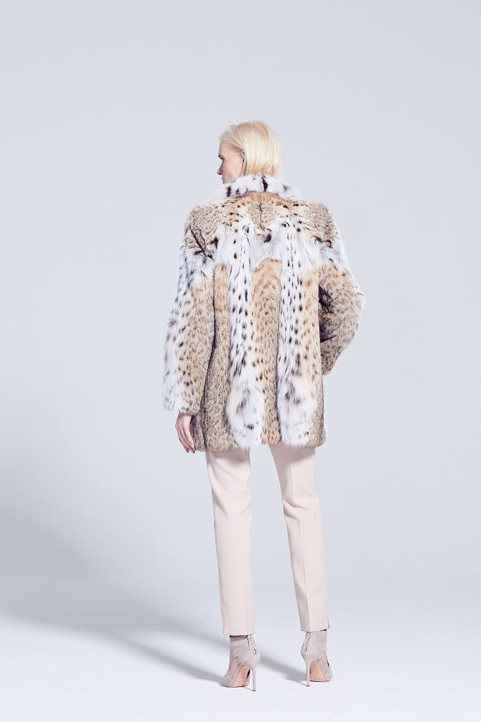 American lynx Fur Winter Jacket with shawl collar backside view detail