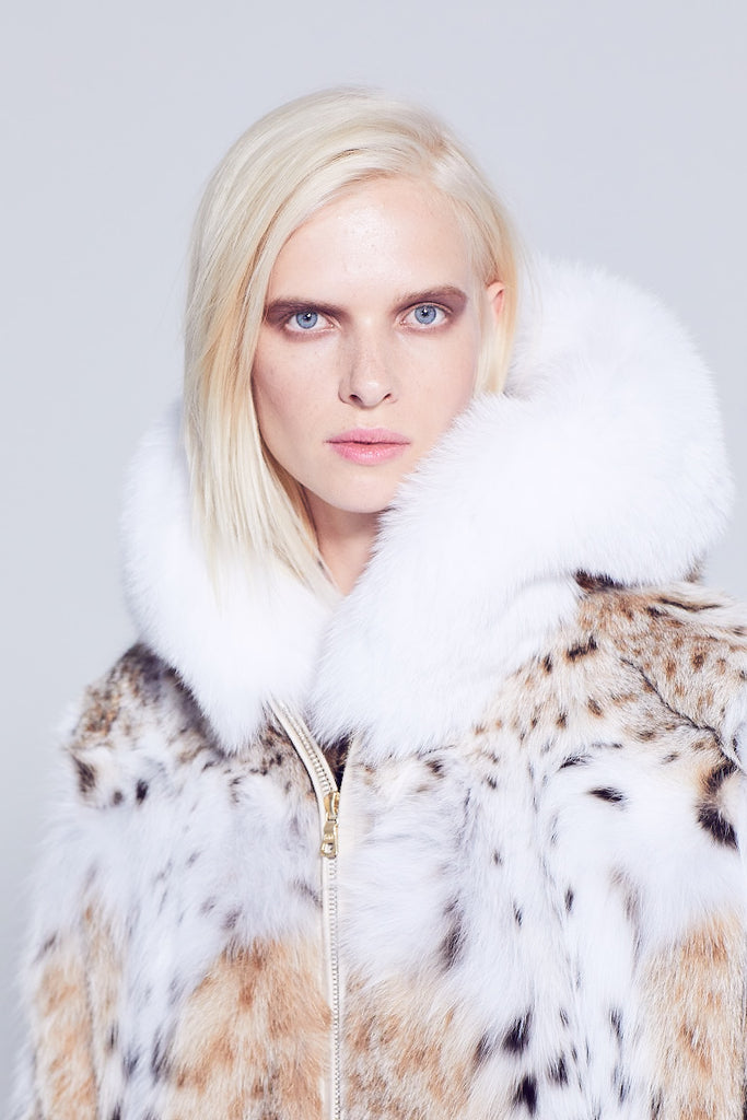 American lynx fur with two way zipper jacket and white fox fur hood trim 