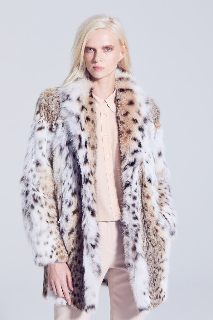 American lynx Fur Winter Jacket with shawl collar