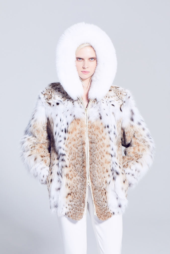 American lynx fur with two way zipper jacket and white fox fur hood trim 