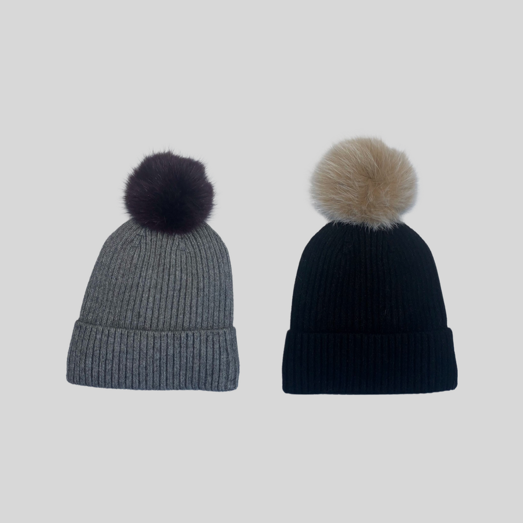 Set of Knit Fur Pom Pom Beanie Winter Hats in grey and navy