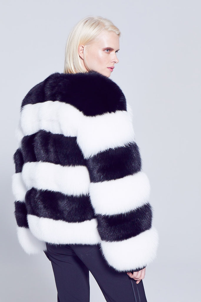 Black fox and White Fox striped design short fur winter jacket side detail