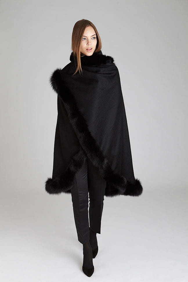 Black Cashmere Cape with Black Fox Fur trim all around Winter Evening Accessory one size fits all