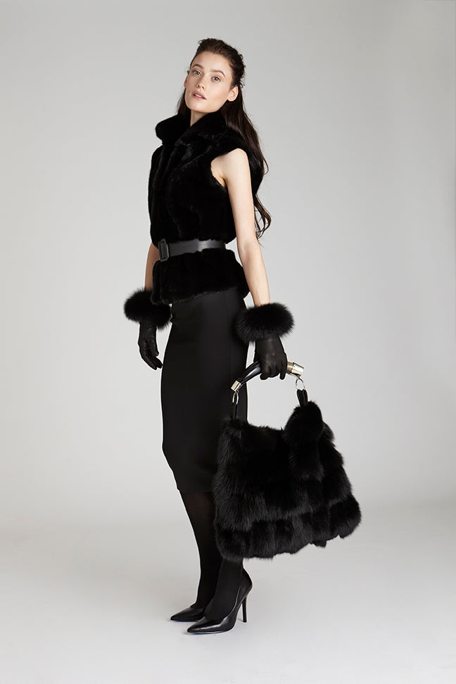 Black Fox Fur Hornbag Purse with real argentine cow horn handle on model with  fur trim leather gloves and  fur mink vest
