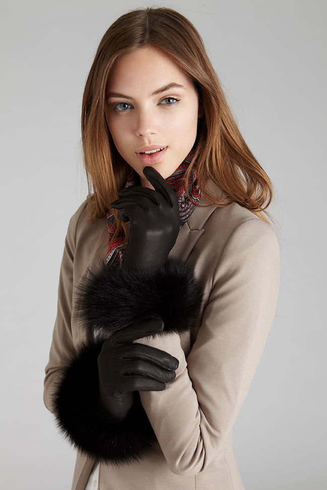 Black fox fur trim leather gloves winter accessory