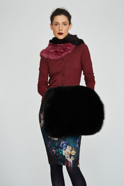 Black Fox Fur Muff winter accessory with satin interior lining and zip up pocket in extra large size 
