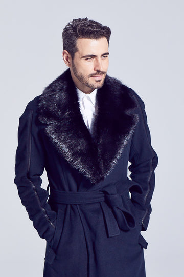 black muskrat fur knotch winter collar accessory worn over navy coat
