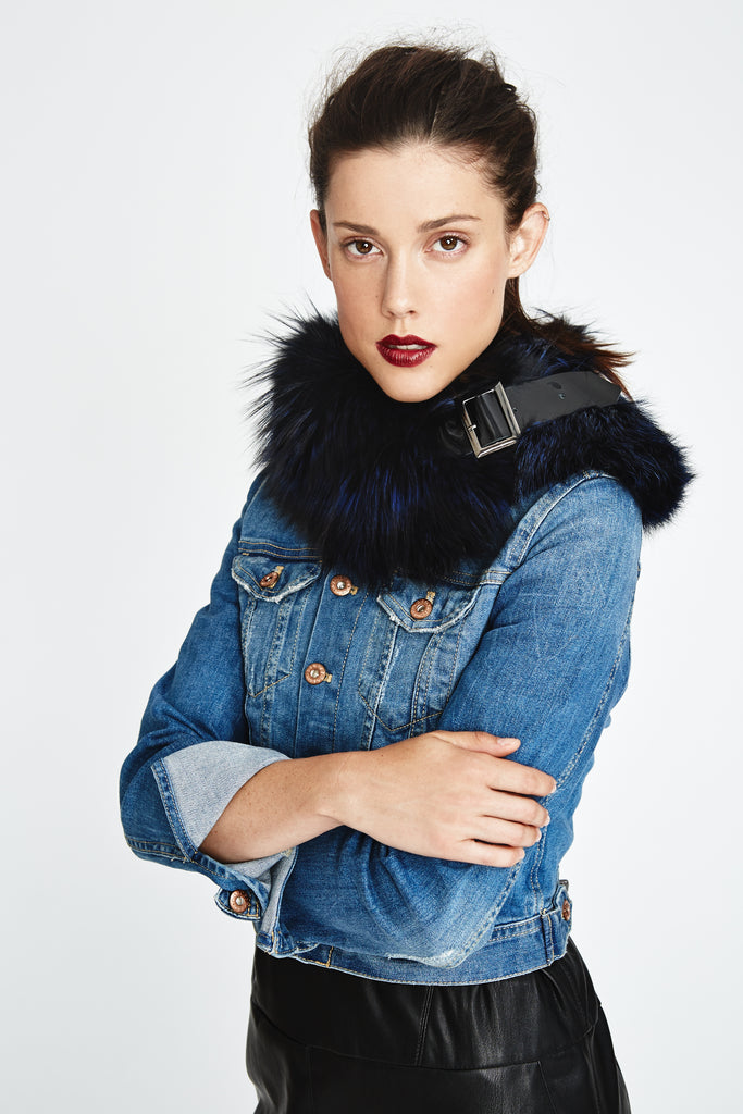 Blue Dyed Silver Fox Fur collar with leather buckle detail worn over a denim jacket