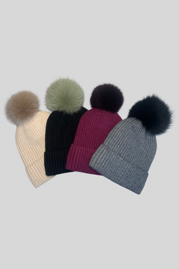 Set of Knit Fur Pom Pom Beanie Hats