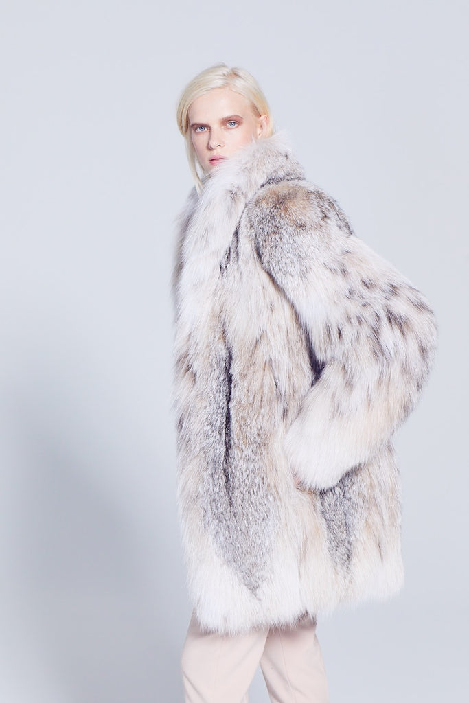 Canadian Lynx Fur Winter Fur Jacket with shawl collar side view detail