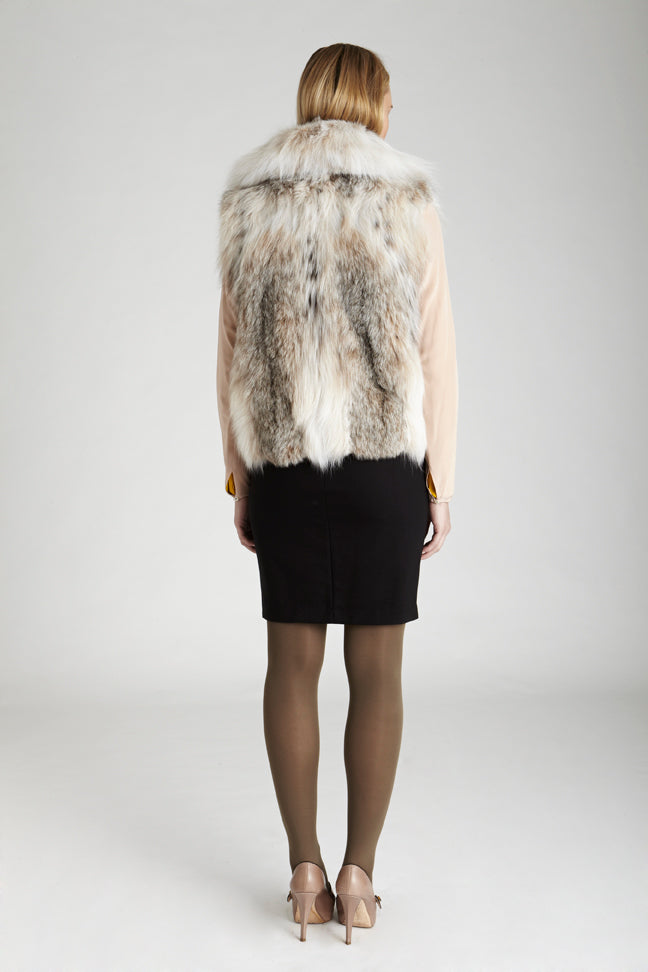 Canadian lynx fur women's vest with shawl collar and hook and eye closures back side details