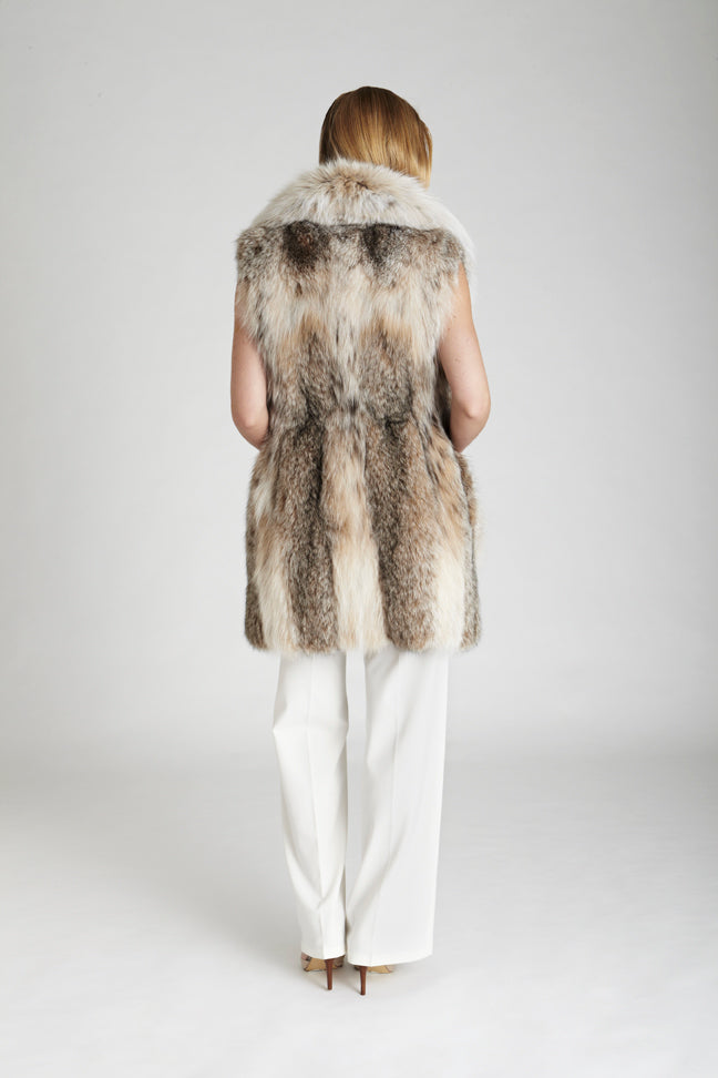 Canadian lynx fur long vest with drawstring at the waist and shawl collar back detail