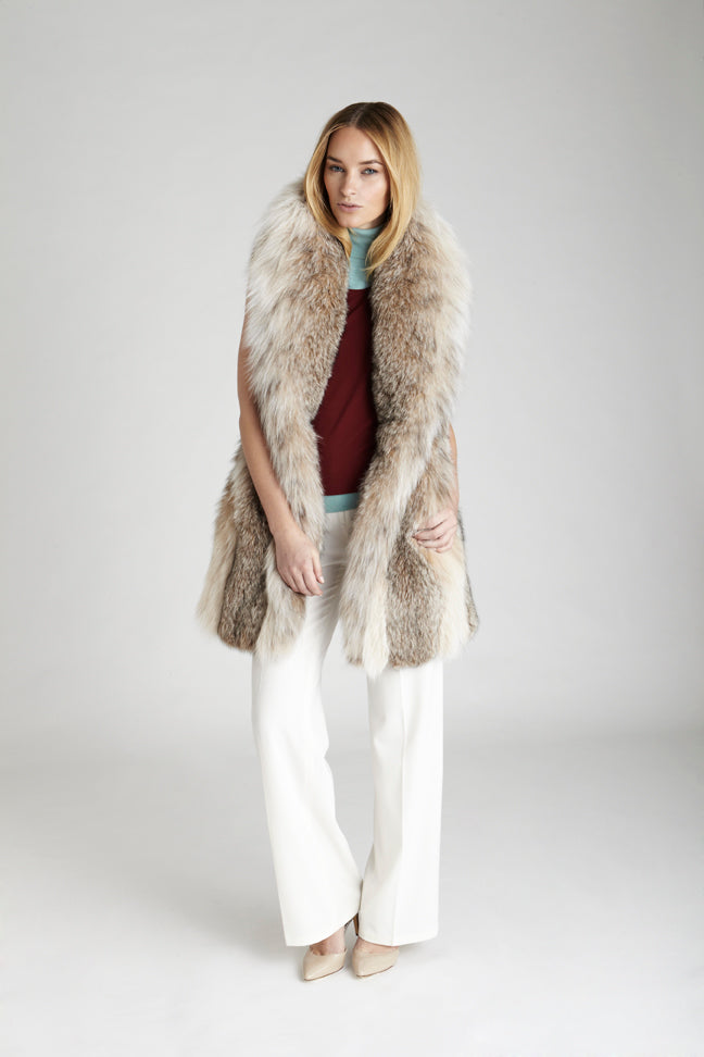 Canadian lynx fur long vest with drawstring at the waist and shawl collar