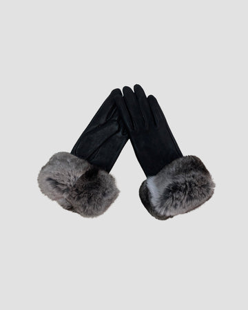 chinchilla trimmed fur and black leather winter gloves