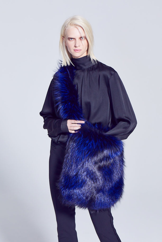 Silver Fox Fur Sling Style bag in Cobalt with all fur handle