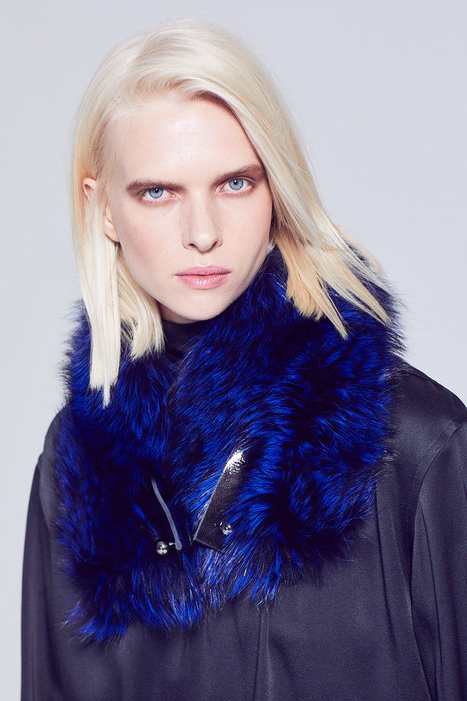 cobalt silver fox fur collar with leather and silver hardware closure winter accessory