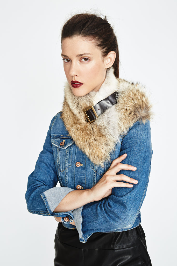 Coyote Fur Collar with leather buckle detail worn over a denim jacket