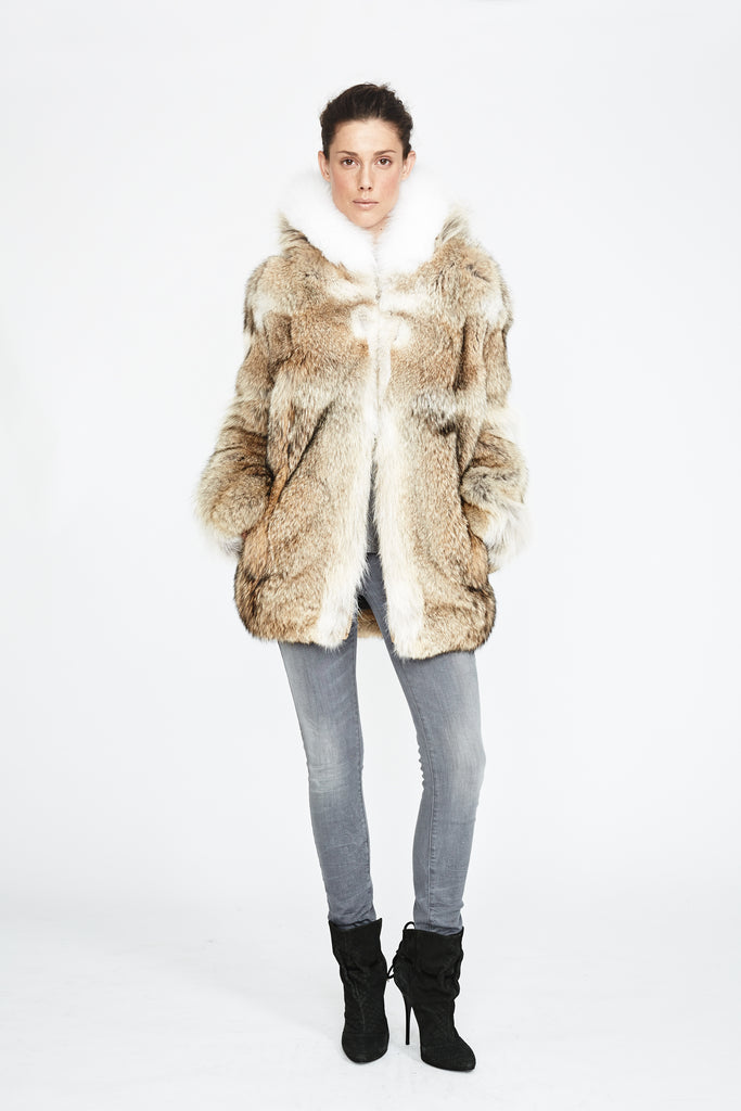 natural coyote fur jacket with white fox trimmed hood