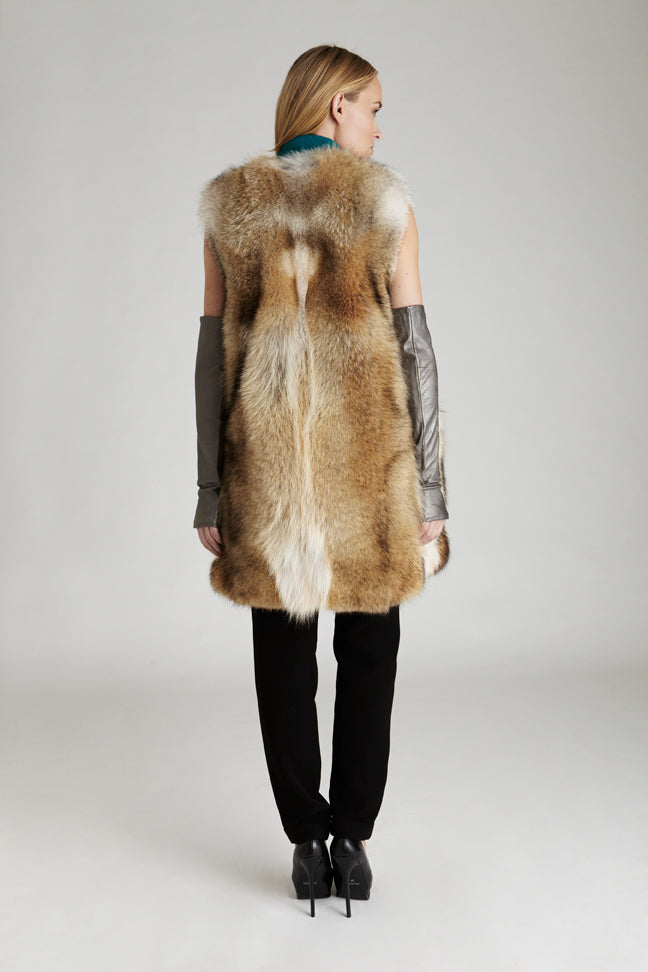 Womens Long Coyote Fur Vest with Patch Pocket detail back view with long leather gloves