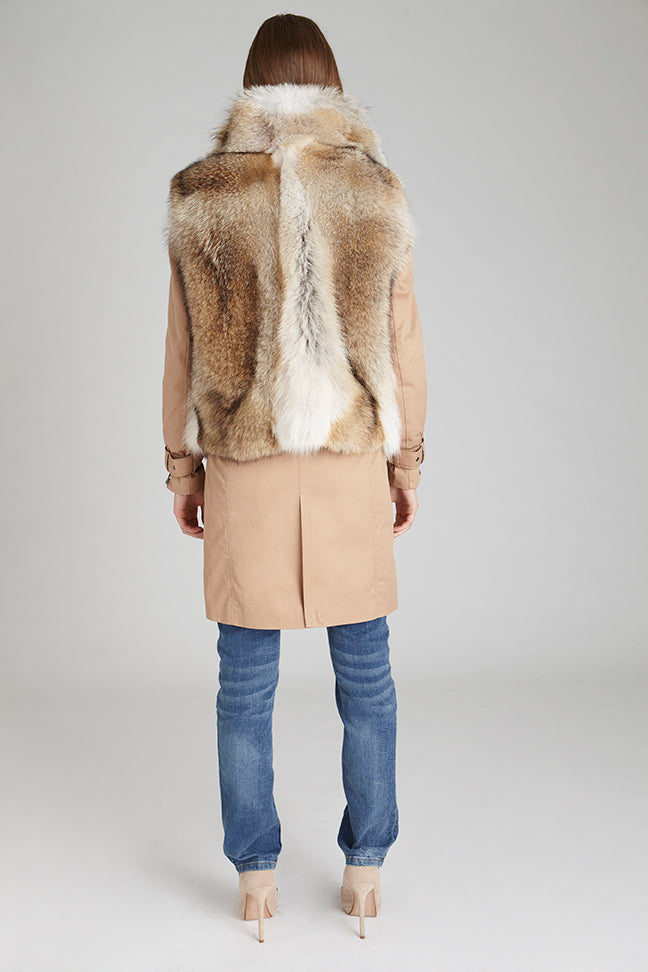 coyote fur zipper vest with collar and slit pockets back view styled with jeans