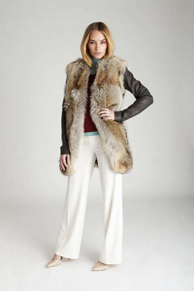 natural coyote fur mid-length vest with detachable leather sleeves