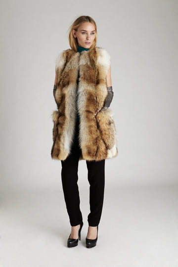 Women's Long Coyote Fur Vest with Coyote Fur Patch Pocket 