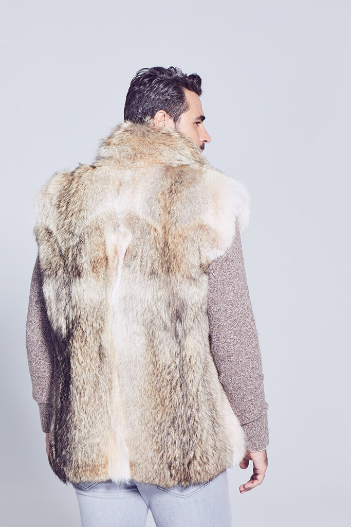 Mens coyote fur winter vest backside view worn over a sweater