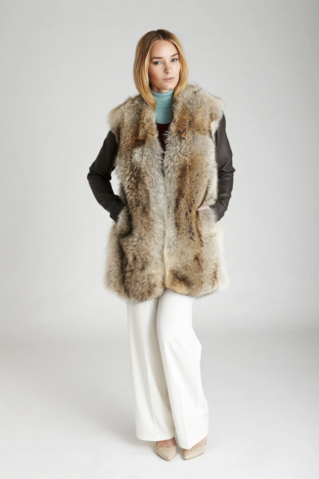 natural coyote fur vest with leather detachable sleeves