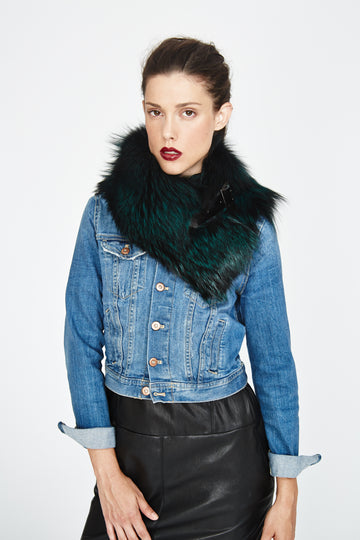 Silver Fox Dyed Emerald Green Fur Collar with leather buckle detail worn over a denim jacket