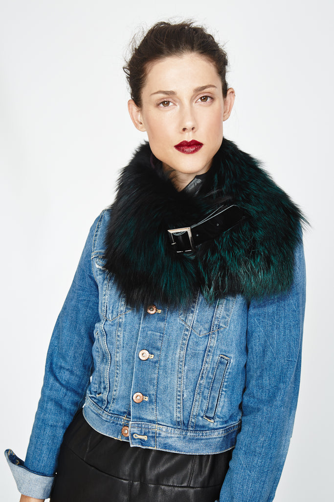 Silver Fox Dyed Emerald Green Fur Collar with leather buckle detail worn over a denim jacket