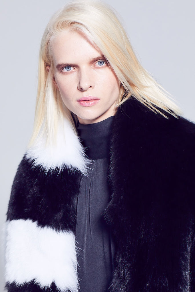 Black and white pattern long fox fur scarf winter accessory close up detail