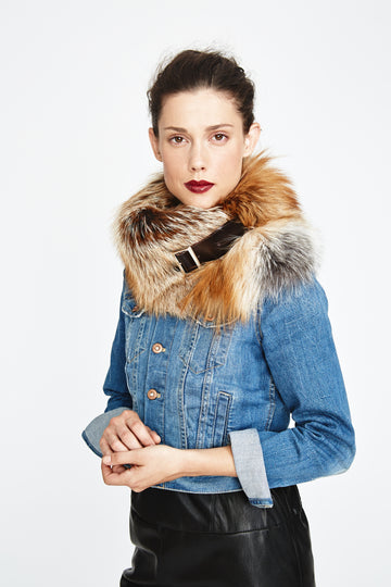 Gold Fox Fur Collar with leather buckle detail worn over a denim jacket